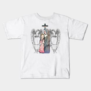 nun with girl, crucifix and angels Kids T-Shirt